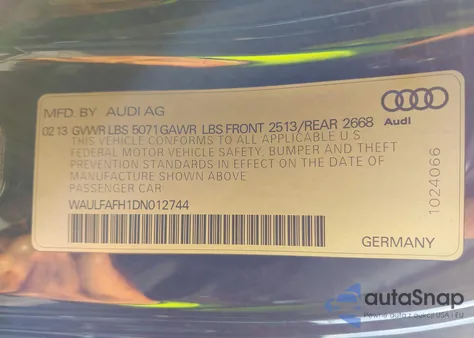 2013 Audi A5 2.0T Premium из США, поврежденный, VIN WAULFAFH1DN012744